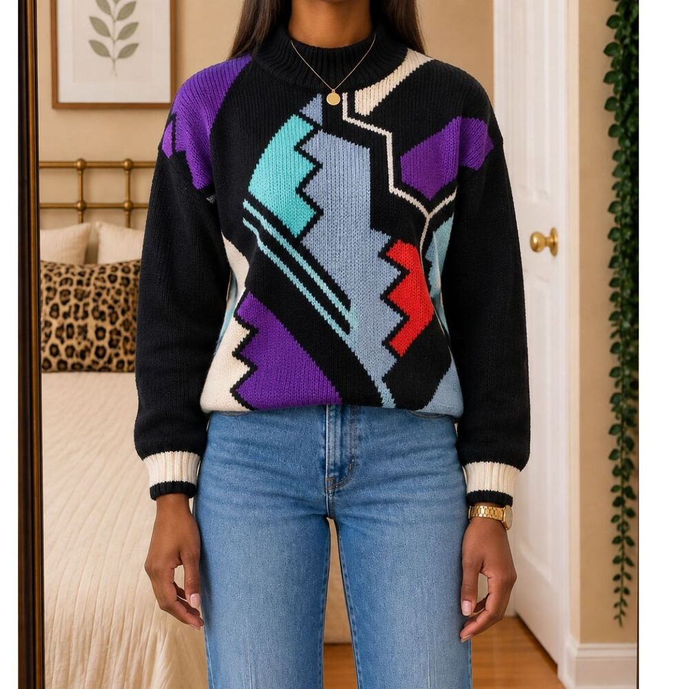 Vintage 80s Adam French Women Size S Abstract Colorblock Mock Neck Sweater